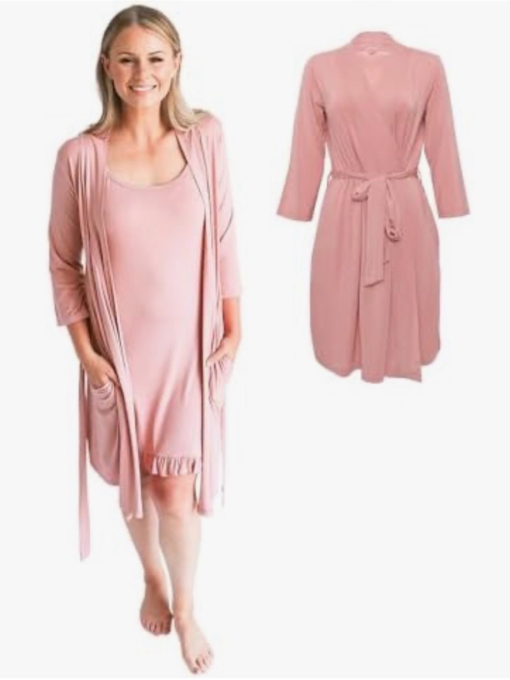 Posh Peanut Dusty Rose Women's Pink Robe & Ruffle Hem Chemise Set L/XL